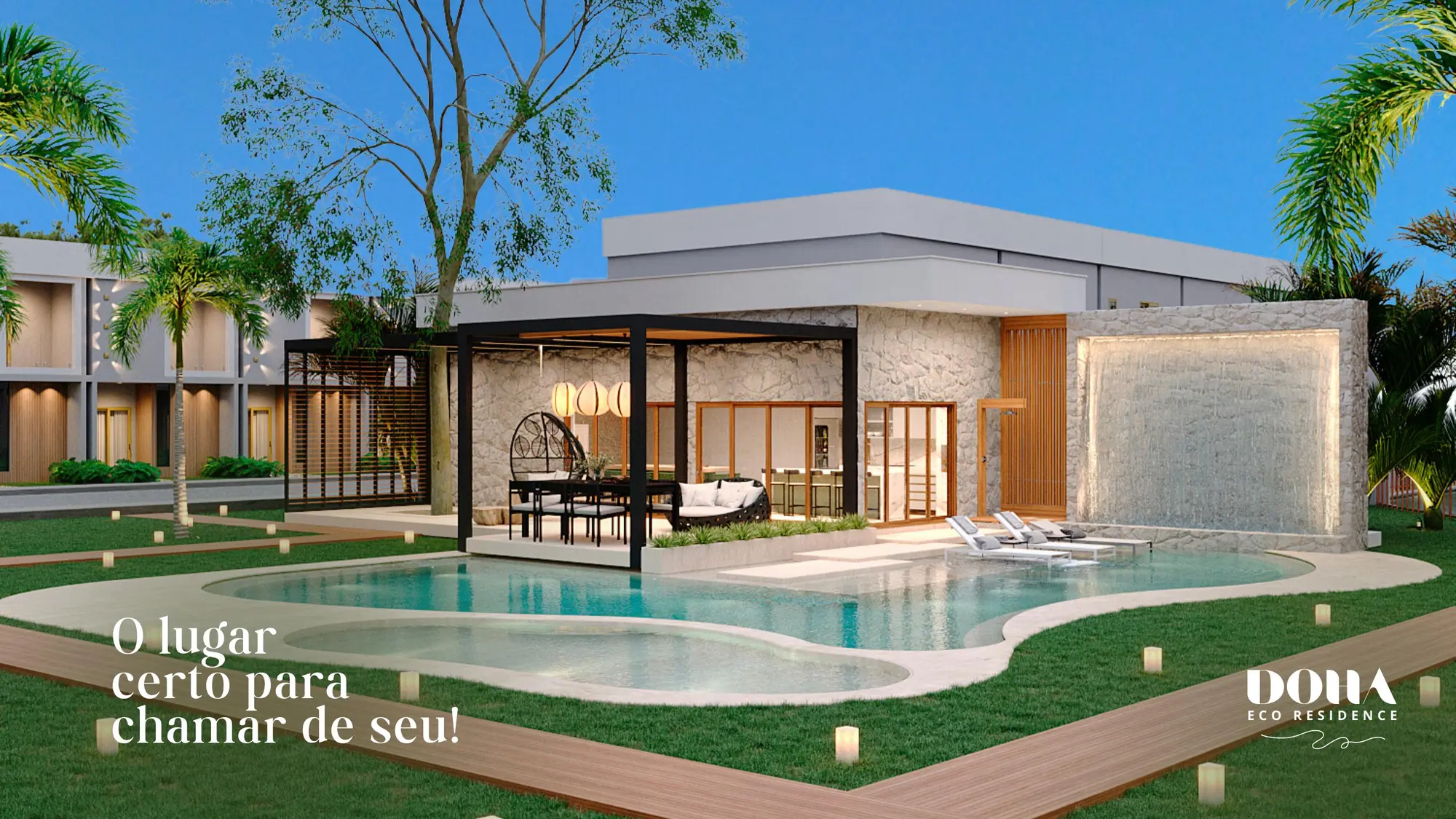 Piscina, paisagismo e área de convivência do Doha Eco Residence